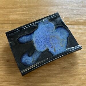 Studio Art Pottery Soap Dish Blue Drip Glaze Black Handmade Stoneware Artsy